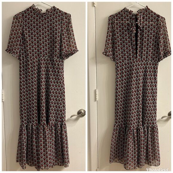 Zara Woman Geometric Heart Print Ruffled Keyhole Back Midi/Maxi Dress S - Picture 4 of 9